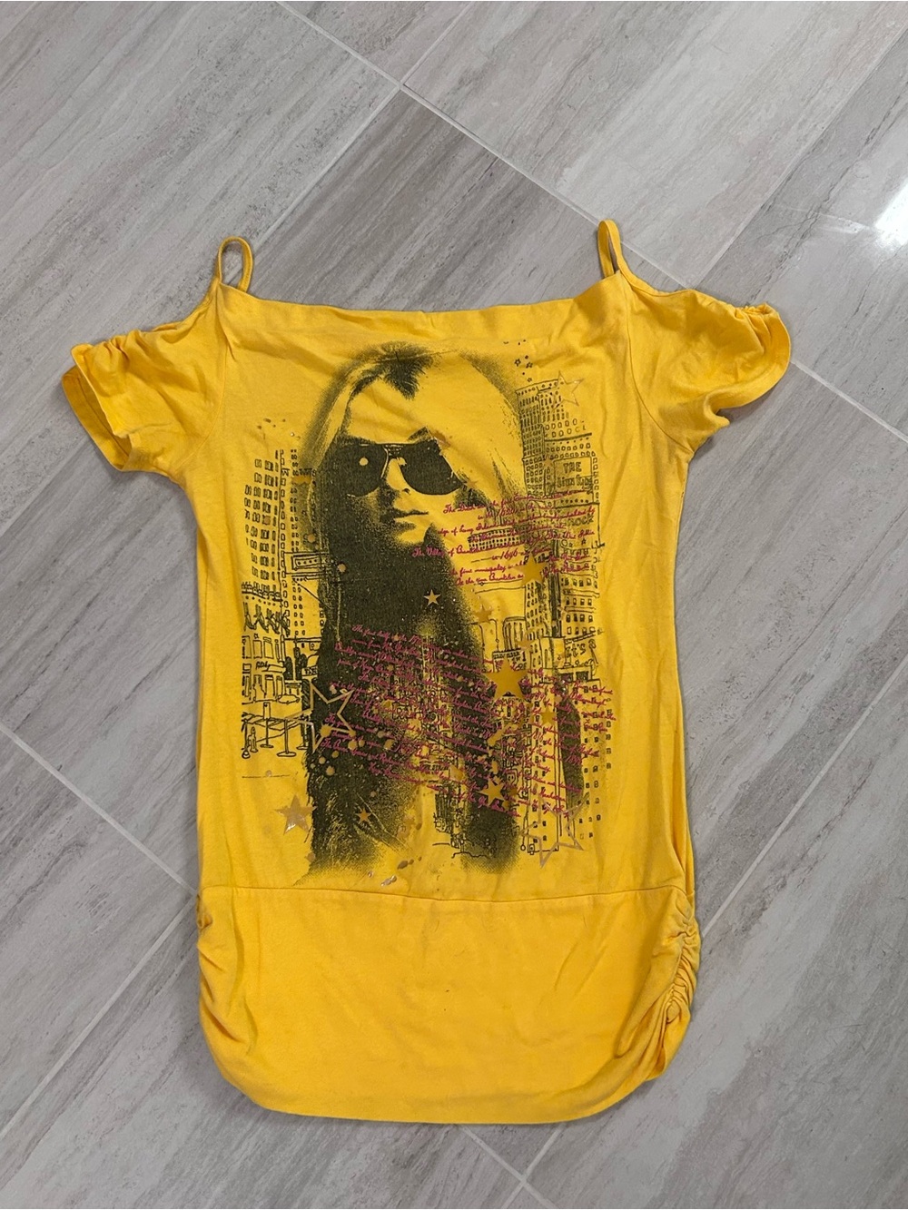 Y2K Papaya Yellow Graphic Off-Shoulder Tee with Straps